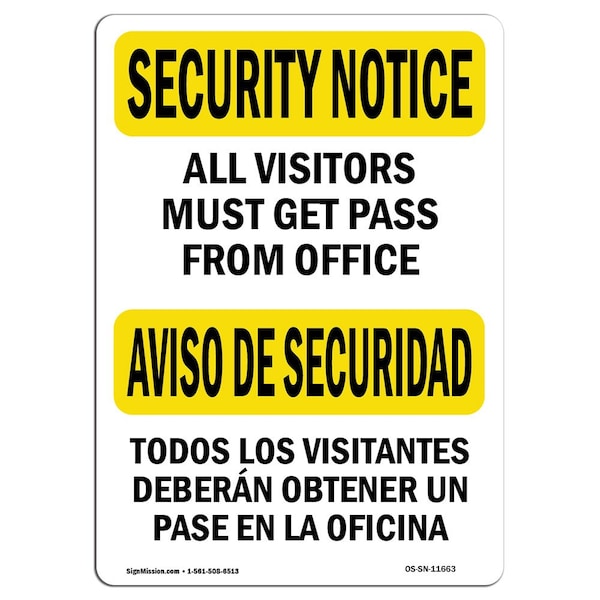 OSHA Security Sign, 3.5" Height, 5" Width, Visitors Must Get Pass Bilingual, Landscape, 10PK